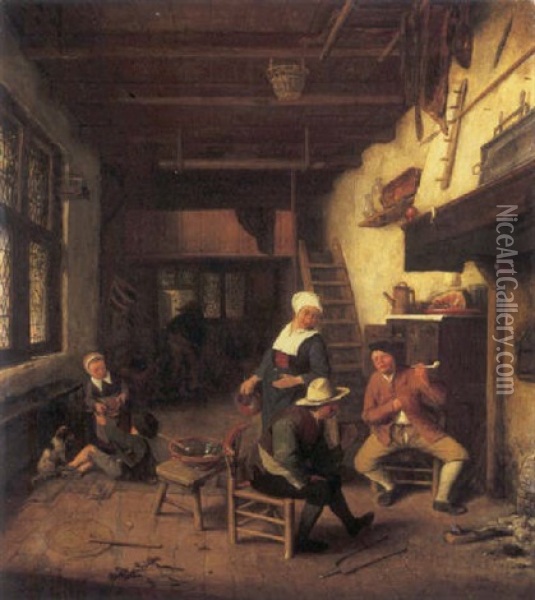 A Peasant Family In An Interior Oil Painting - Cornelis Dusart