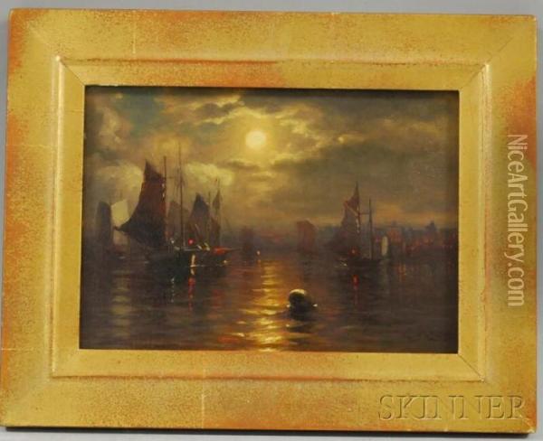 Moonlit Harbor Oil Painting - George W. Waters