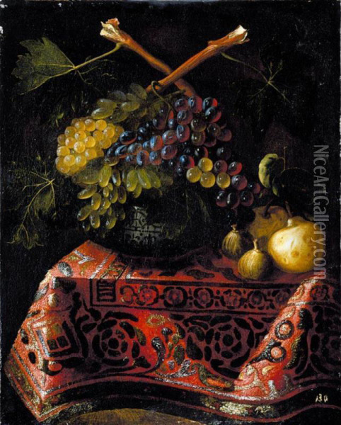 Still Life Of Red And White Grapes In A Blue-and-white Porcelain Bowl, Together With Figs And Pears, All Arranged Upon A Table Draped With A Carpet Oil Painting - Juan Bautista de Espinosa