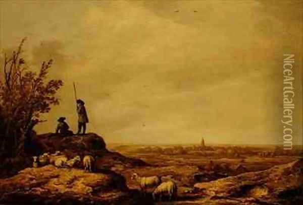 Panoramic Landscape with Shepherds Sheep and a Town Beverwijk in the Distance Oil Painting - Aelbert Cuyp