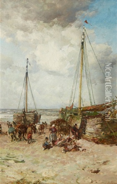 A Beach Scene With Fishers And Sailing Boats Oil Painting - Gregor von Bochmann the Elder