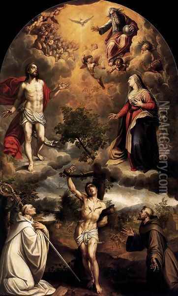 St Sebastian between St Bernard and St Francis Oil Painting - Alonso Sanchez Coello