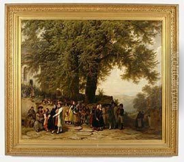 A Wedding Party Under Trees. Oil Painting - Carl Wilhelm Hubner