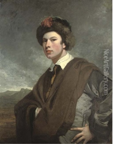 Portrait Of A Young Man In A Grey Coat, Brown Cloak And Fur Trim Hat With Feather Oil Painting - James (Thomas J.) Northcote