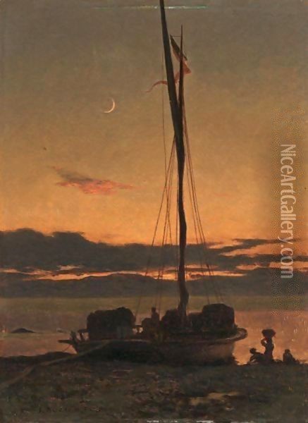 Barque Au Clair De Lune, 1869 Oil Painting - Francois Bocion