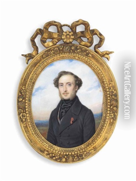A Gentleman, In Black Double-breasted Coat, Patterned Waistcoat And Black Silk Cravat, Wearing The Royal French Order Of The Legion Of Honour; Landscape Background Oil Painting - Francois Meuret