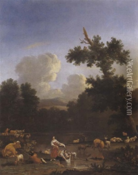 Wascherinnen Und Ein Hirt Mit Seiner Herde In Einer Bewaldeten Landschaft An Einem Teich Oil Painting - Johannes van der Bent