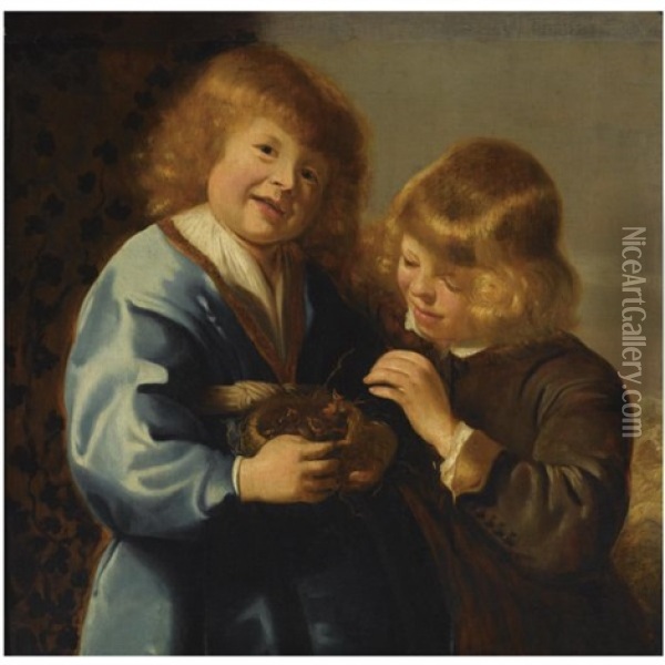 A Portrait Of Two Young Boys Holding A Bird's Nest Oil Painting - Jacob Adriaensz de Backer