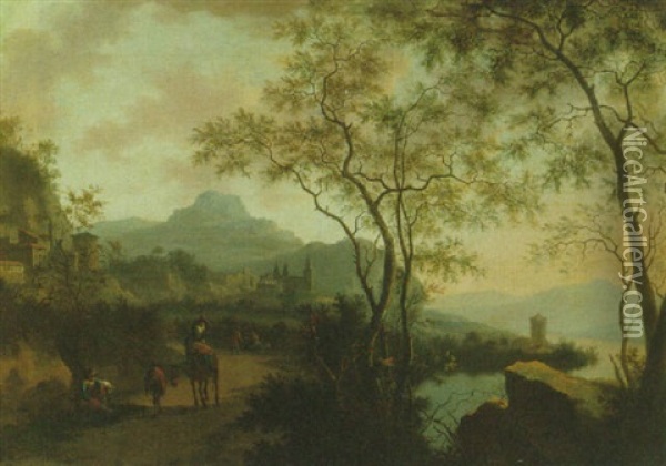 A Mountainous River Landscape With Travellers On A Path Oil Painting - Jan Dirksz. Both