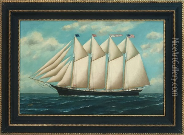 The Four-masted Black-hulled Schooner Estelle Phinney With A Coastal Lighthouse Off Her Bow Oil Painting - Solon Francis Montecello Badger
