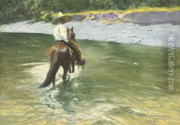 A Mexican Riding Across A River Oil Painting - Pierre Ribera