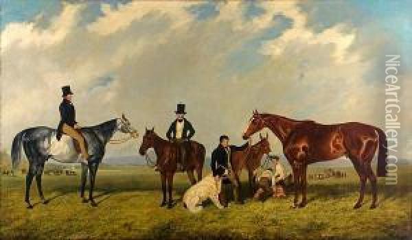 The Thoroughbred 'harkaway' With Two Otherhorses And Their Riders And A Groom Leading A Pony Oil Painting - John Wray Snow