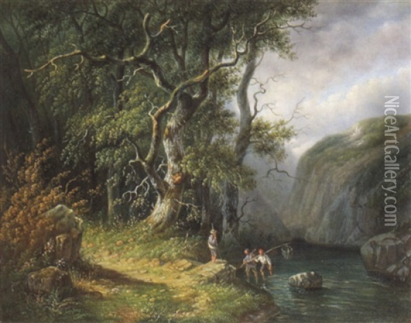 Bewaldete Bachlandschaft Mit Drei Fischern Oil Painting - Johannes Hermanus Barend Koekkoek