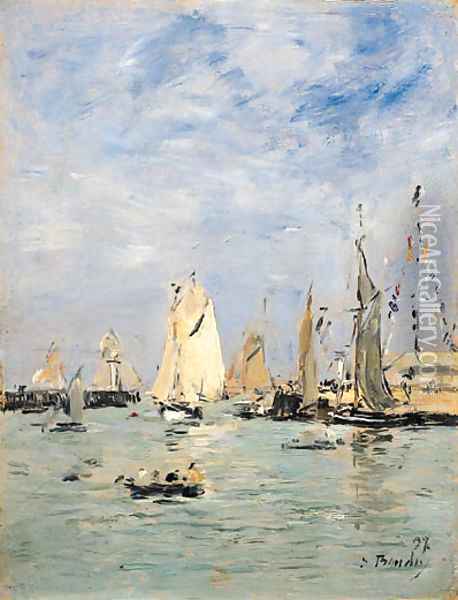 Trouville, Les jetes mare haute (Trouville, The Pier at Hightide) Oil Painting - Eugene Boudin