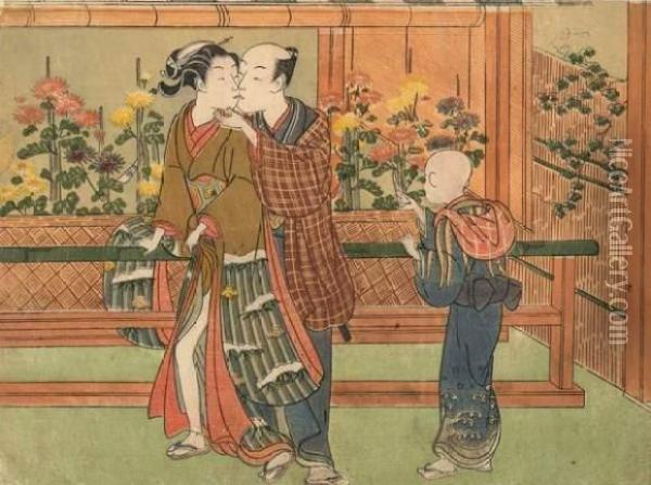 Couple Debout Devant Un Jardin De Chrysanthemes S'embrassant Accompagne Par Un Serviteur Oil Painting - Suzuki Harunobu
