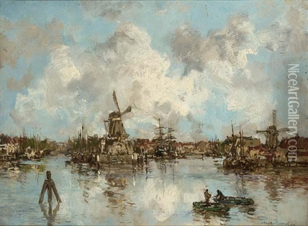 A View Of A Harbour In A Dutch Town Oil Painting - Johan Hendrik van Mastenbroek