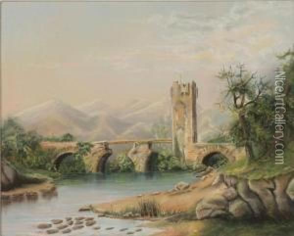 Bridge And Tower Ruins With Mountains Beyond Oil Painting - Emma Grabner Shackelford