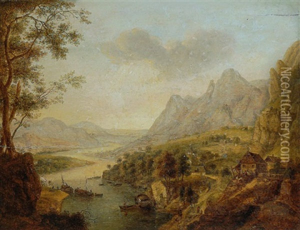 Flusslandschaft Mit Booten Oil Painting - Johann Caspar Schneider