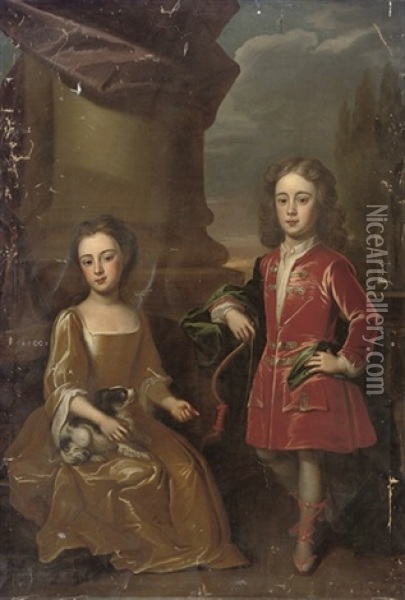 Double Portrait Of Dudley North, With His Sister Anne, The Former In A Red Velvet Coat, The Latter Seated In A Yellow Dress Oil Painting - Michael Dahl