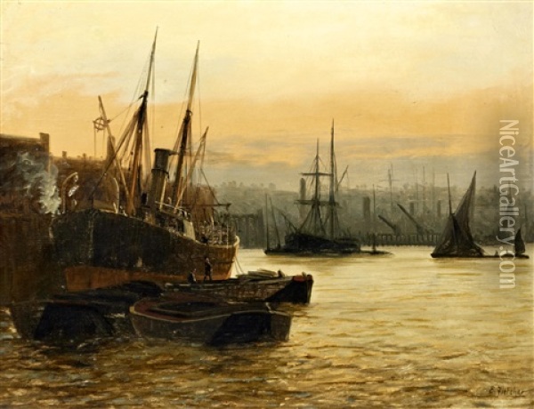 Coal Barges By A Coastal Steamer At A Wharf (+ Haybarge And Steamer Moored In An Estuary, Possibly The Thames Or Medway; Pair) Oil Painting - Edward Henry Eugene Fletcher
