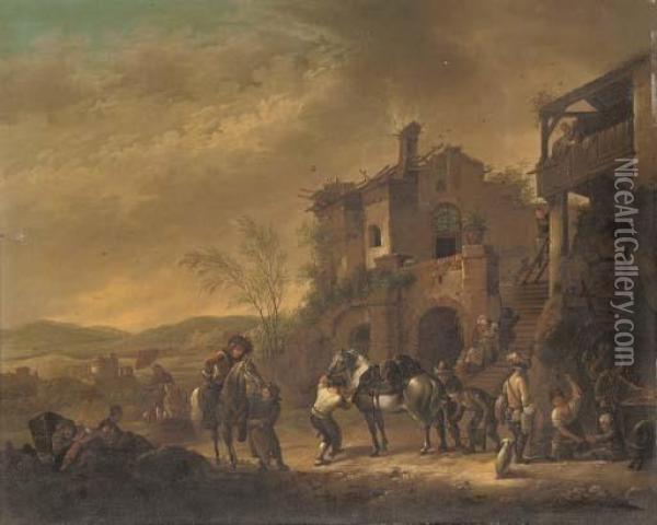 Cavalrymen At Rest By A Farrier; And Cavalrymen Setting Out From A Barn Oil Painting - Pieter Wouwermans or Wouwerman