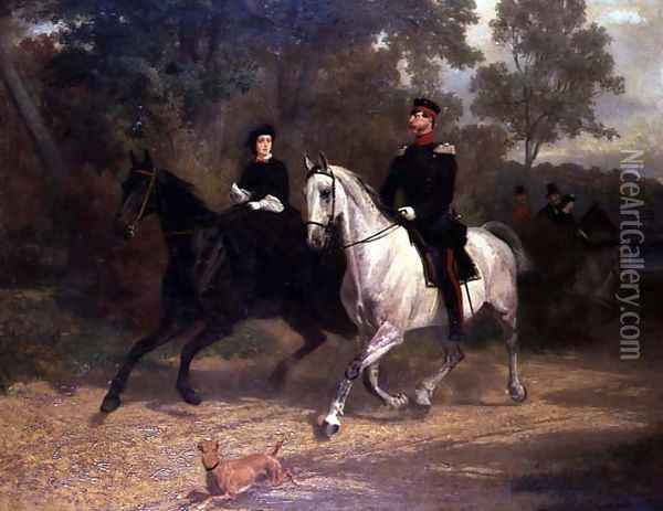A Lady and an Officer, possibly Crown Prince and Princess of Prussia, riding in a park Oil Painting - Carl Steffeck