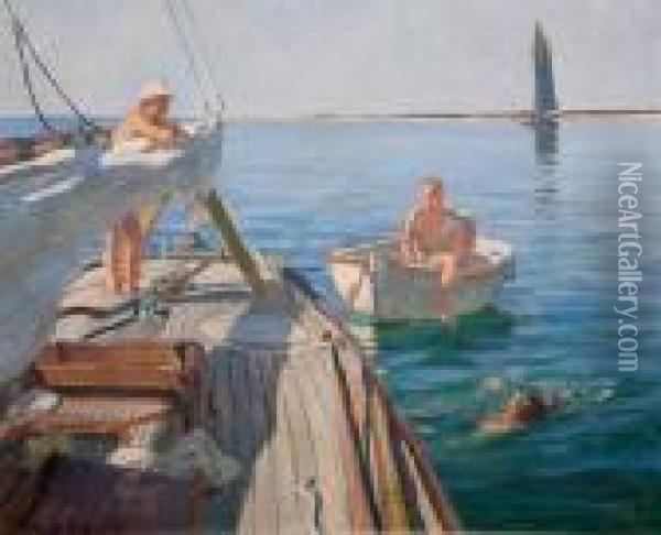 Baignade Depuis Le Pont Du Bateau Oil Painting - Du Raoul Gardier