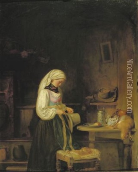 Ein Madchen Schmuckt Den Hut Ihres Geliebten Oil Painting - Johann Friedrich Karl Kreul