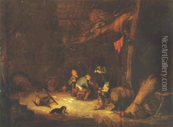 Peasants Playing Cards In A Barn Oil Painting - Isaac Van Ostade