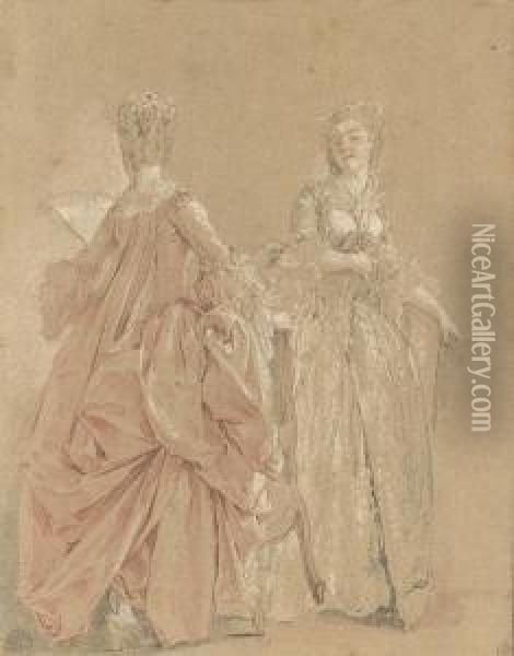 Two Ladies In Elegant Costume: Study For 'the Harpsichordlesson' Oil Painting - Jean-Michel Moreau