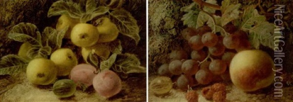 A Still Life Of Apples And Plums On A Bank (+ A Still Life Of Grapes And Raspberries On A Mossy Bank; Pair) Oil Painting - Oliver Clare