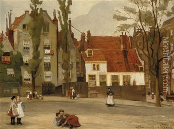 Children Playing On A Square Oil Painting - Henriette de (Susanna Cornelia) Vries