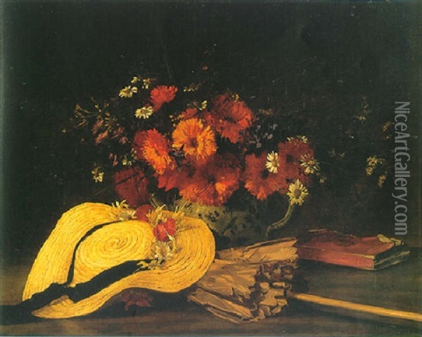 Nature Morte Aux Fleurs Et A L'ombrelle Oil Painting - Hippolyte Pierre Delanoy