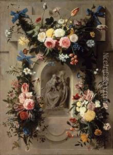 Garlands Of Flowers Surrounding A Statue Of The Madonna And Child In A Niche Oil Painting - Johannes Antonius van der Baren