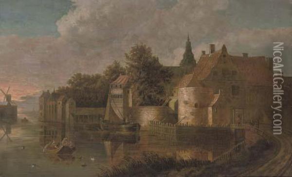 A Fortified Canal-side Town With Fisherman In The Foreground Oil Painting - Reinier Van Der Laeck