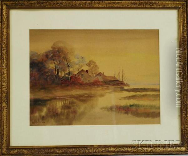 Coastal View With Houses And Three-masted Ship Oil Painting - Louis Kinney Harlow