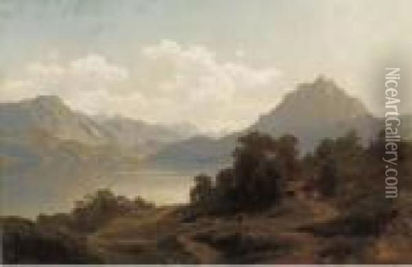 Cowherds By A Lake In An Extensive Mountain Landscape Oil Painting - Carl Jungheim