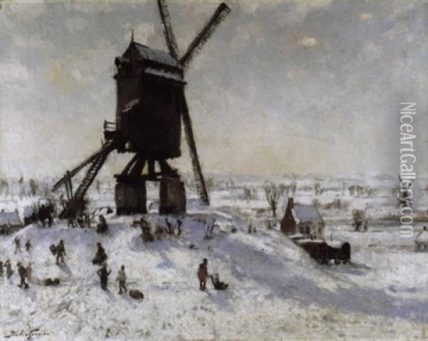 Sneeuwpret Bij De Molen Oil Painting - Pieter Gorus