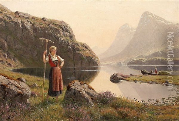 Heuernte Am Ufer Eines Norwegischen Gebirgssees Oil Painting - Hans Dahl