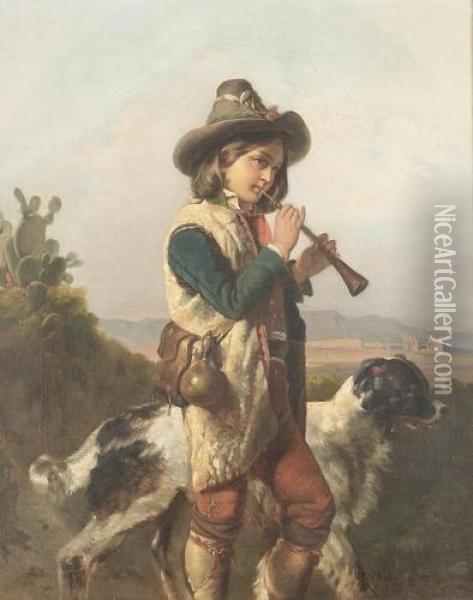 Hirte Mit Hund Beim Flotenspiel. Oil Painting - Jacques Alfred Van Muyden