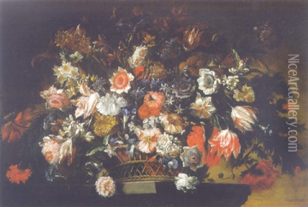 Parrot Tulips, Carnations, Daffodils And Other Flowers In A Basket On A Pedestal Oil Painting - Jean-Baptiste Belin de Fontenay the Elder