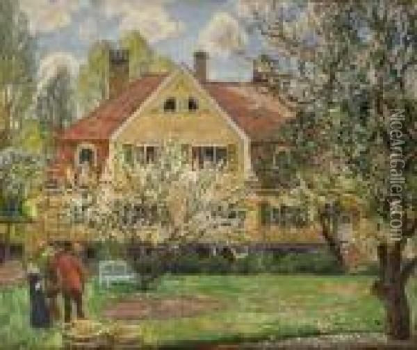 House And Garden Withpeople 1915 Oil Painting - Thorolf Holmboe
