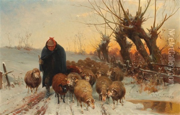 Flock Of Sheep Returning Home In The Evening Light Oil Painting - Adolf Ernst Meissner