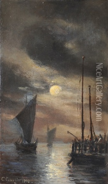 Moonlit Harbour Oil Painting - Cornelius Gurlitt
