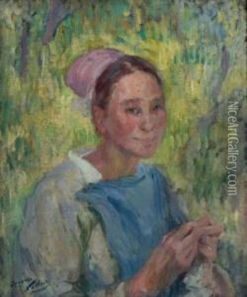 Young Girl Knitting. Oil Painting - Jacques Gaston E. Vaillant