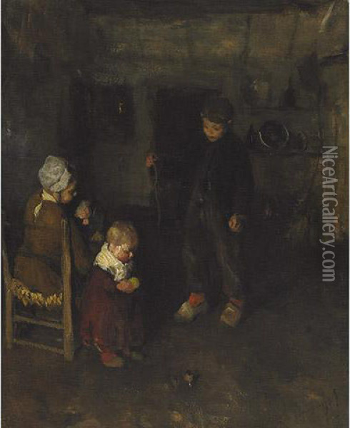 Children Playing With A Top In A Kitchen Interior Oil Painting - Albertus Johan Neuhuys