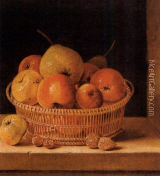 Corbeille De Pommes Et Poires Sur Un Entblement Oil Painting - Dominique Pergault