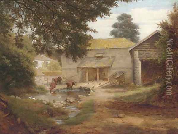 Cattle in a farmyard Oil Painting - English School