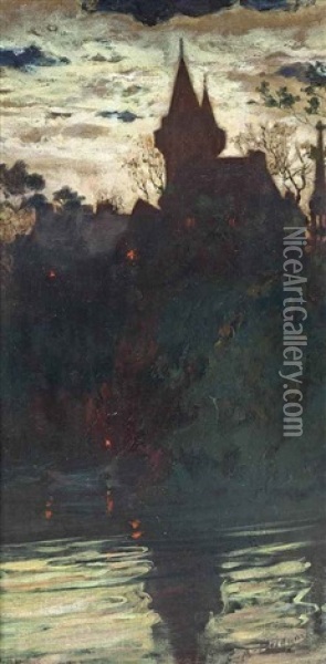 The Chateau Du Henant Au Clair De Lune Oil Painting - Frederick Arthur Bridgman