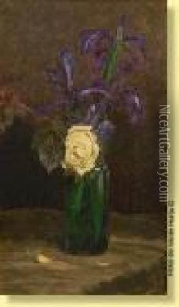 Vase Fleuri D'une Rose Et D'iris Oil Painting - Rodolphe Paul Wytsman